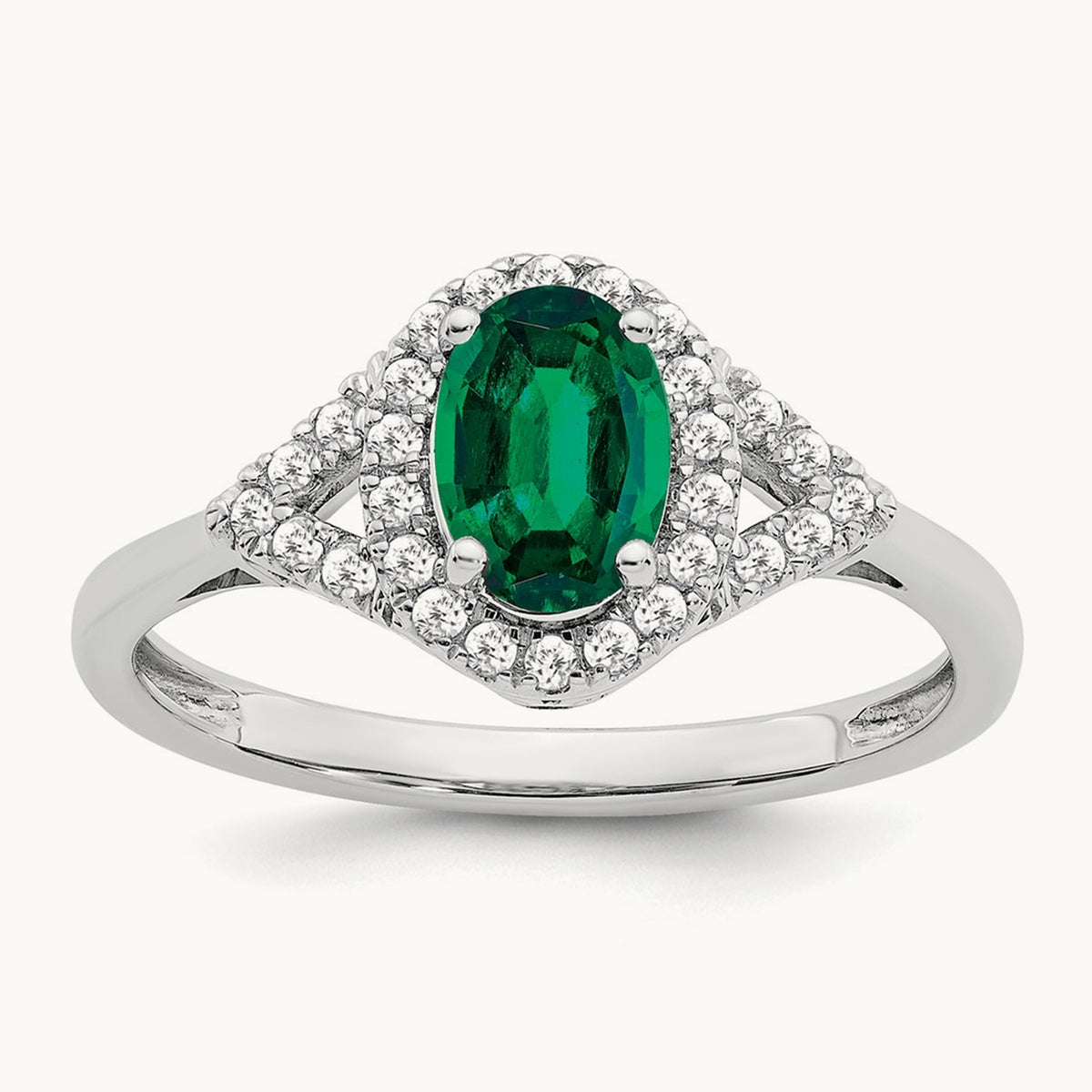 Oval Created Emerald and Diamond Ring, 14K White Gold