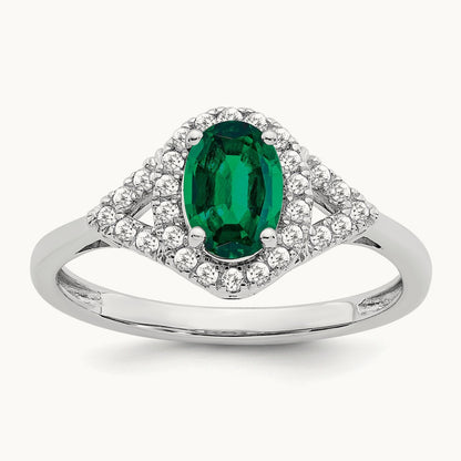 Oval Created Emerald and Diamond Ring, 14K White Gold