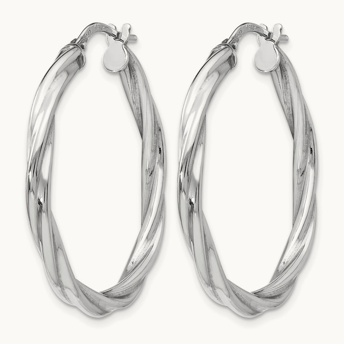 Rhodium-plated Polished Twisted Hinged Hoop Earrings — 32mm