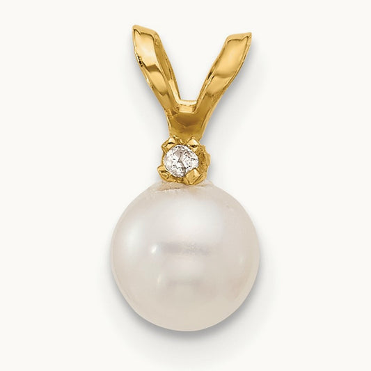 5- Round White Freshwater Cultured Pearl Diamond Pendant, 6mm, 14K