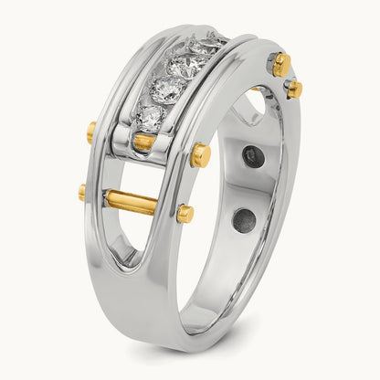 14ktt IBGoodman Men's Polished Grooved Cut-Out 5-Stone Diamond Ring