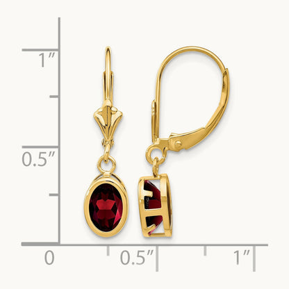 Oval Garnet Leverback Earrings — 14K Yellow Gold, 27mm, 7x5mm