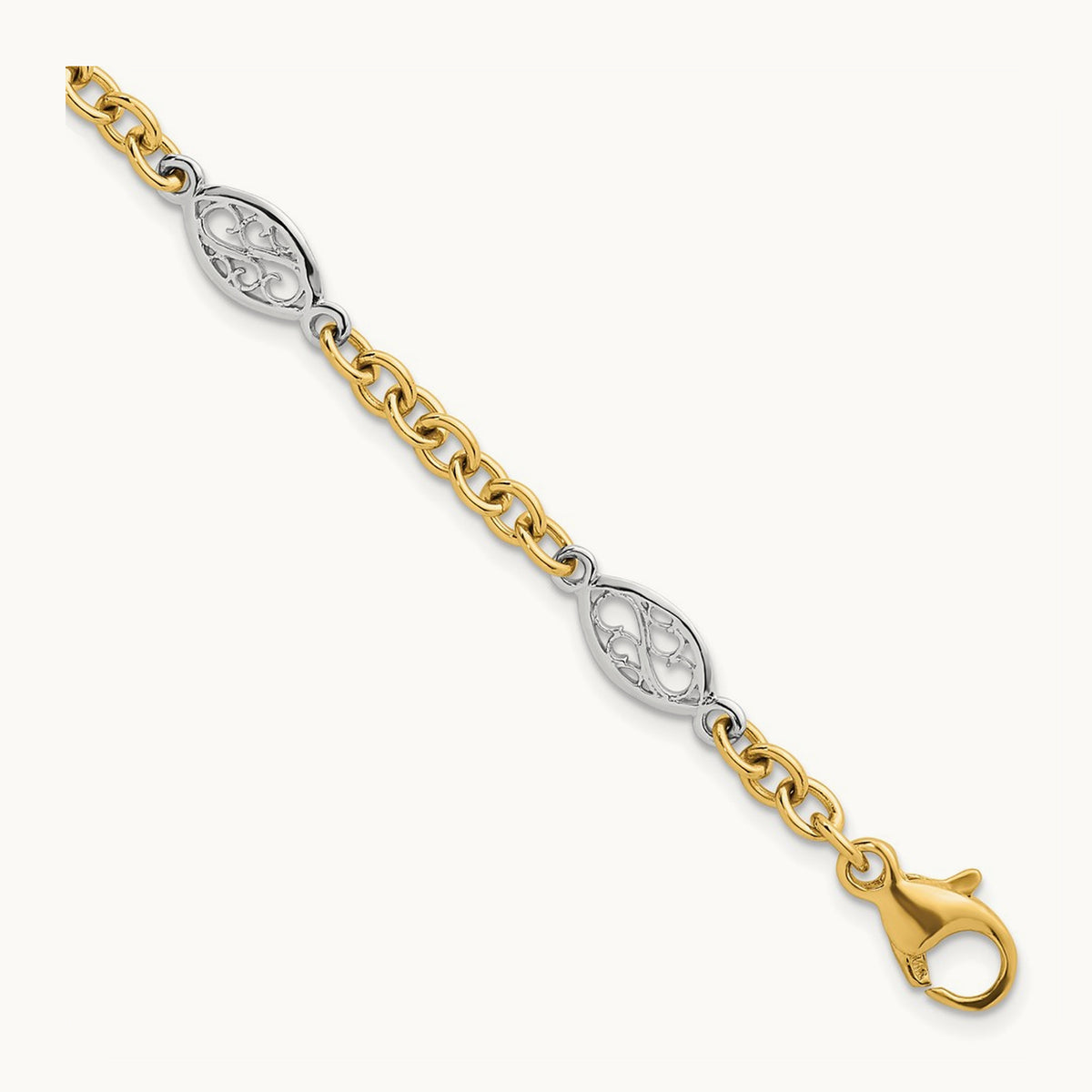 Polished Fancy Chain Bracelet, 6.5mm, 14K Two-tone
