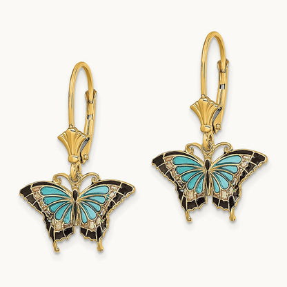 w/Aqua Enameled Wings Butterfly Leverback Earrings, 14K