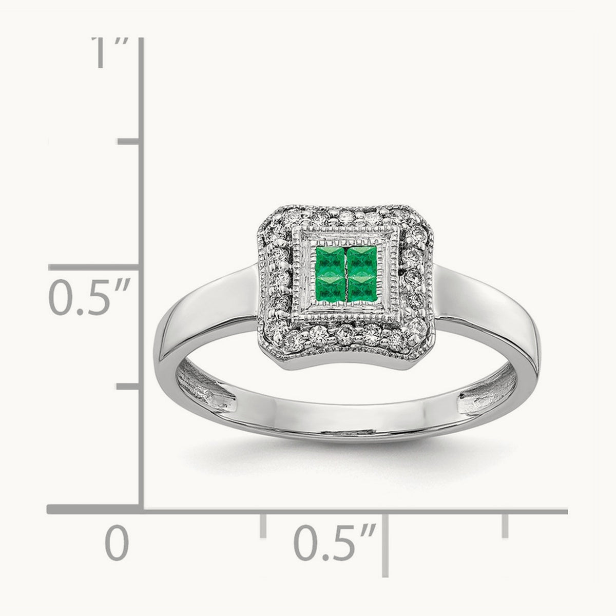 Square Design Emerald and Diamond Ring, 14K White Gold