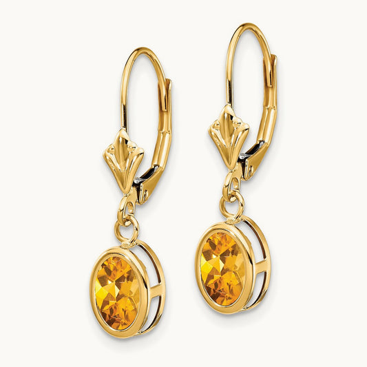 Citrine Oval Leverback Earrings, 14K