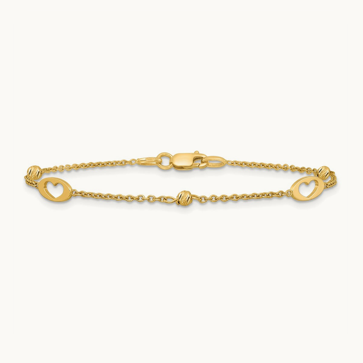 Polished Link Hearts and D/C Beads 7.5in Bracelet, 14K