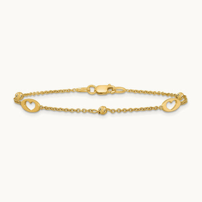 Polished Link Hearts and D/C Beads 7.5in Bracelet, 14K