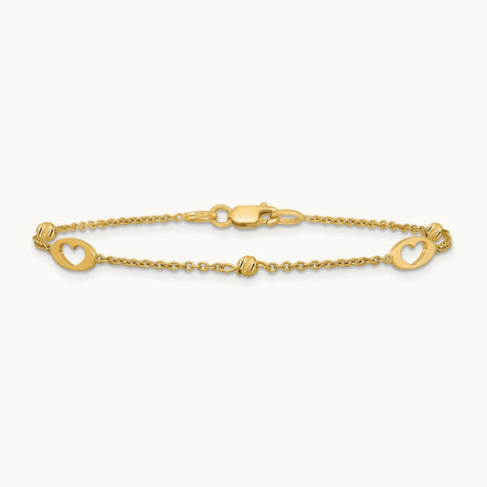 Polished Link Hearts and D/C Beads 7.5in Bracelet, 14K
