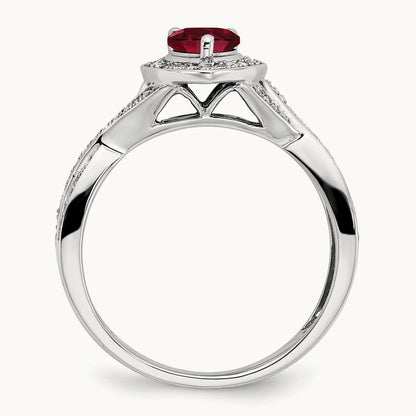Pear Created Ruby and Diamond Halo Ring, 14K White Gold