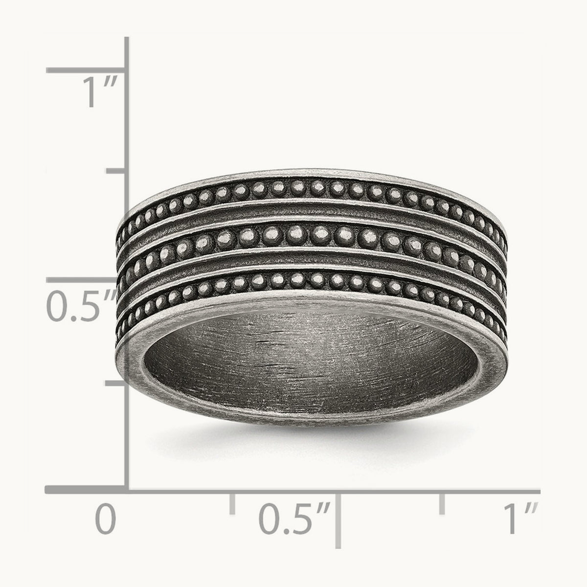 Antiqued Gun Metal IP-plated Beaded Flat Band, 10mm, Stainless Steel