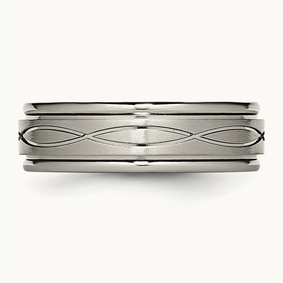 Brushed Center Criss-cross Design Ridged Edge Band, 7mm, Titanium