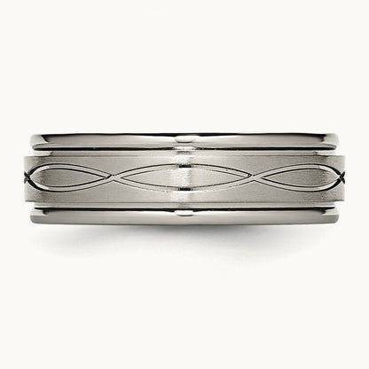 Brushed Center Criss-cross Design Ridged Edge Band, 7mm, Titanium