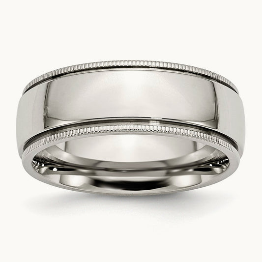 Stainless Steel Polished 8mm Grooved and Beaded Band