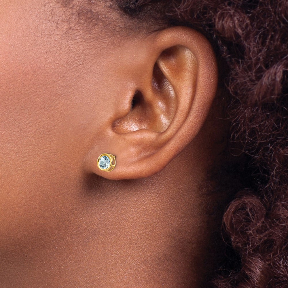 Bezel Aquamarine Stud Earrings — 14K Yellow Gold