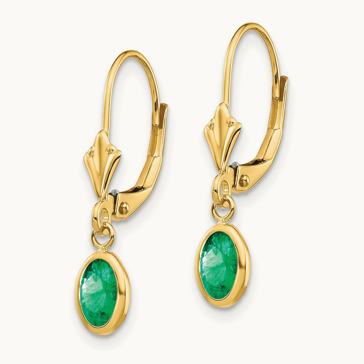 6x4 Oval Bezel May/Emerald Leverback Earrings — 14K Yellow Gold