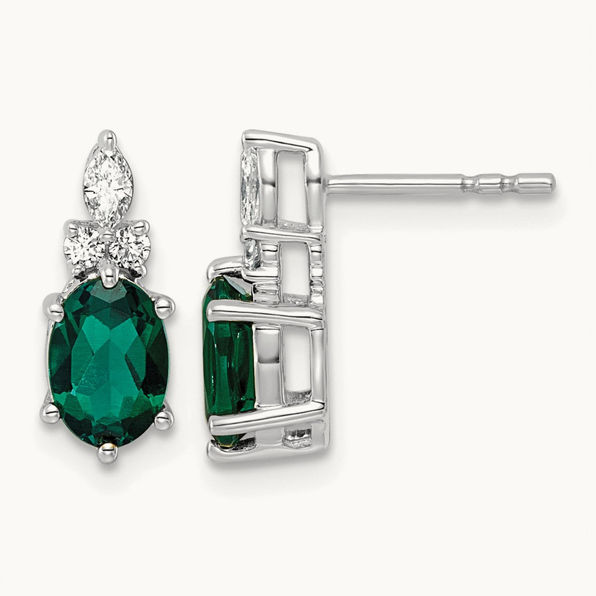 Diamond and Lab Created Emerald Post Earrings — 14K White Gold