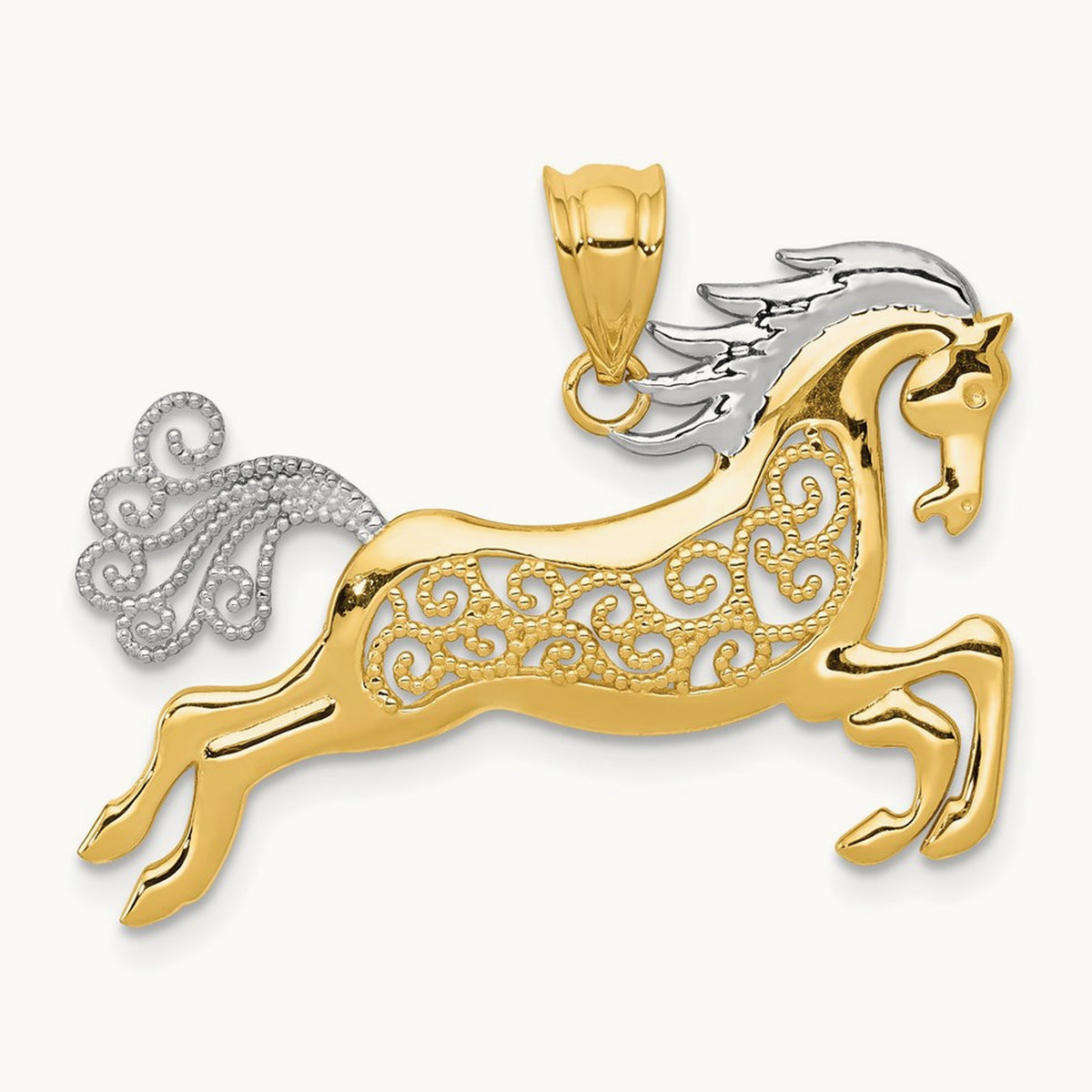 w/ Rhodium Filigree Horse Pendant, 14K
