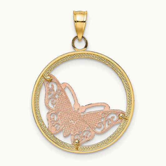 w/White Rhodium Butterfly In Round Frame Charm, 14K Two-tone