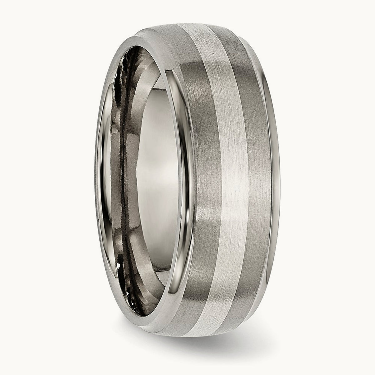 Brushed/Polished w/Sterling Silver Inlay Ridged Edge Band, 8mm, Titanium