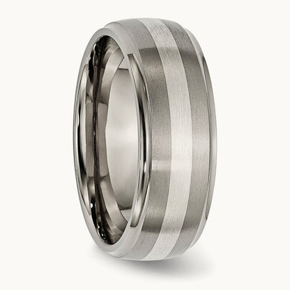 Brushed/Polished w/Sterling Silver Inlay Ridged Edge Band, 8mm, Titanium