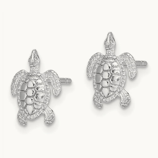 Polished / Textured Sea Turtle Post Earrings, 14K White Gold