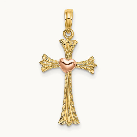 Textured Cross w/ Heart Charm, 14K Two-tone