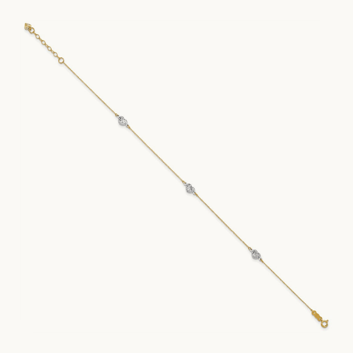 Puff Heart 9in Plus 1in ext Anklet, 14K Two-tone