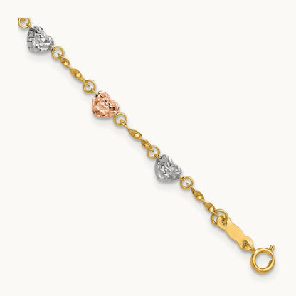Tri-color Diamond-cut Puff Heart Bracelet, 14K
