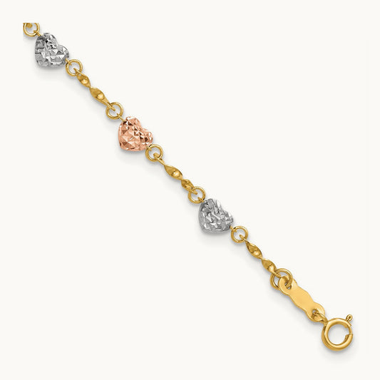 Tri-color Diamond-cut Puff Heart Bracelet, 14K