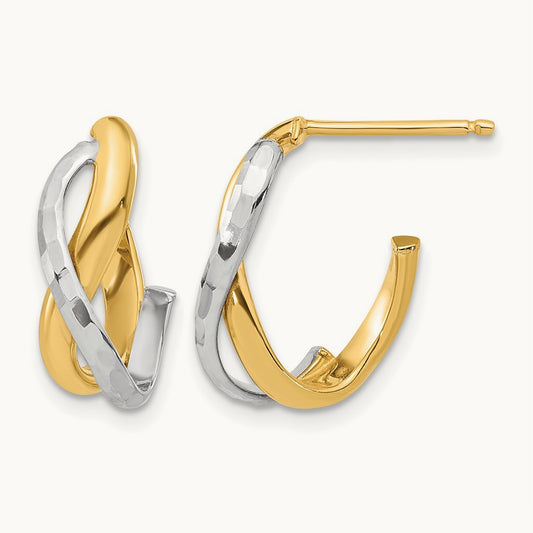w/Rhodium Polished/Diamond-cut J-Hoop Post Earrings, 14K — Leslie's