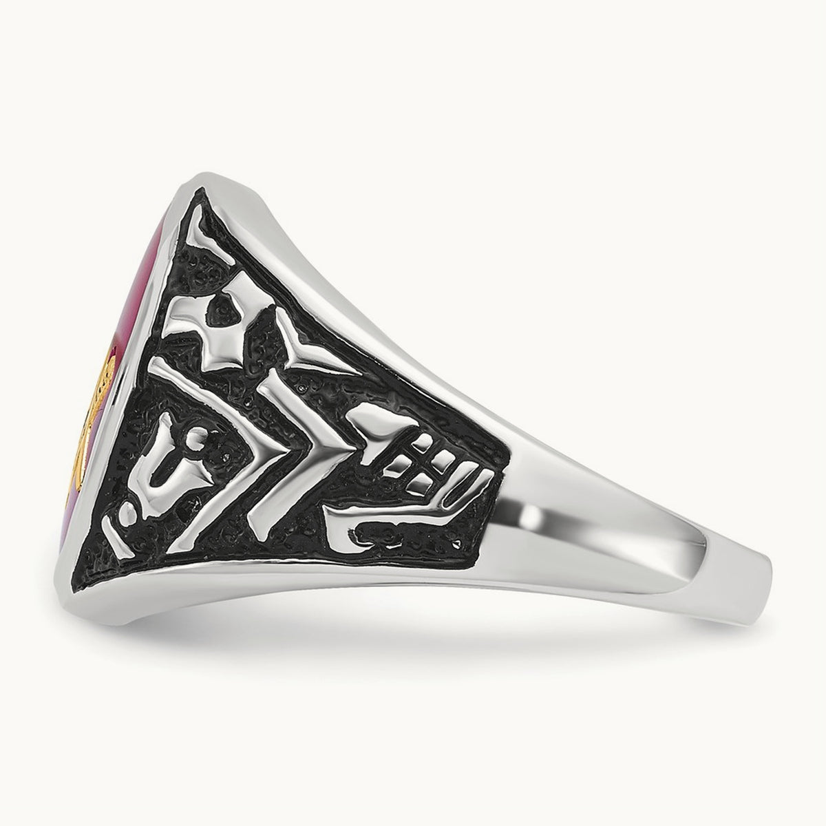 Men's Antiqued & Textured with Lab Created Ruby Masonic Ring — 14K White Gold