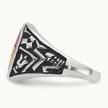 Men's Antiqued & Textured with Lab Created Ruby Masonic Ring — 14K White Gold