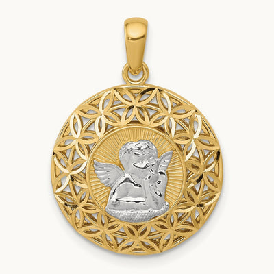 w/Rhodium Polished Filigree Guardian Angel Pendant, 14K
