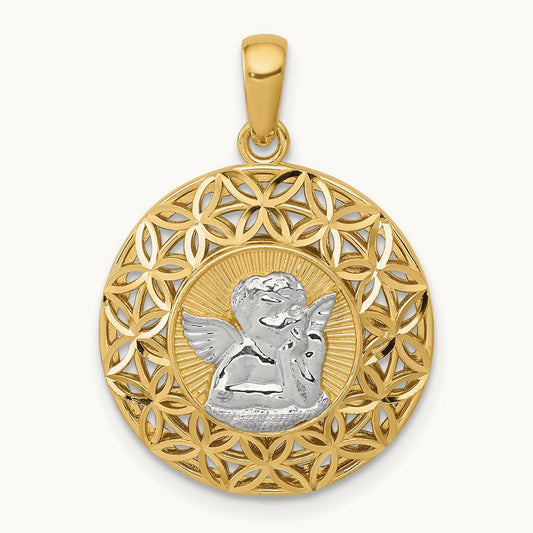 w/Rhodium Polished Filigree Guardian Angel Pendant, 14K