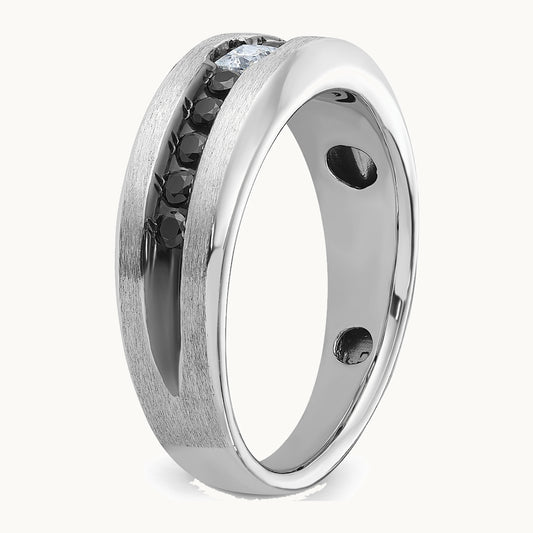 14K White Gold with Black Rhodium IBGoodman Men's Polished and Brushed Black and White Diamond Complete Ring