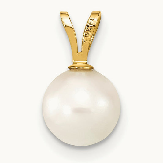 7- Round White Saltwater Akoya Cultured Pearl Pendant, 8mm, 14K Gold