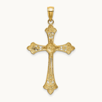 W/ Rhodium D/C Edges Cross Charm, 14K