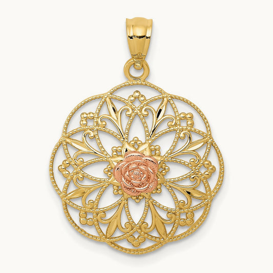Polished Rose in Round Filigree Charm, 14K Yellow with Rose