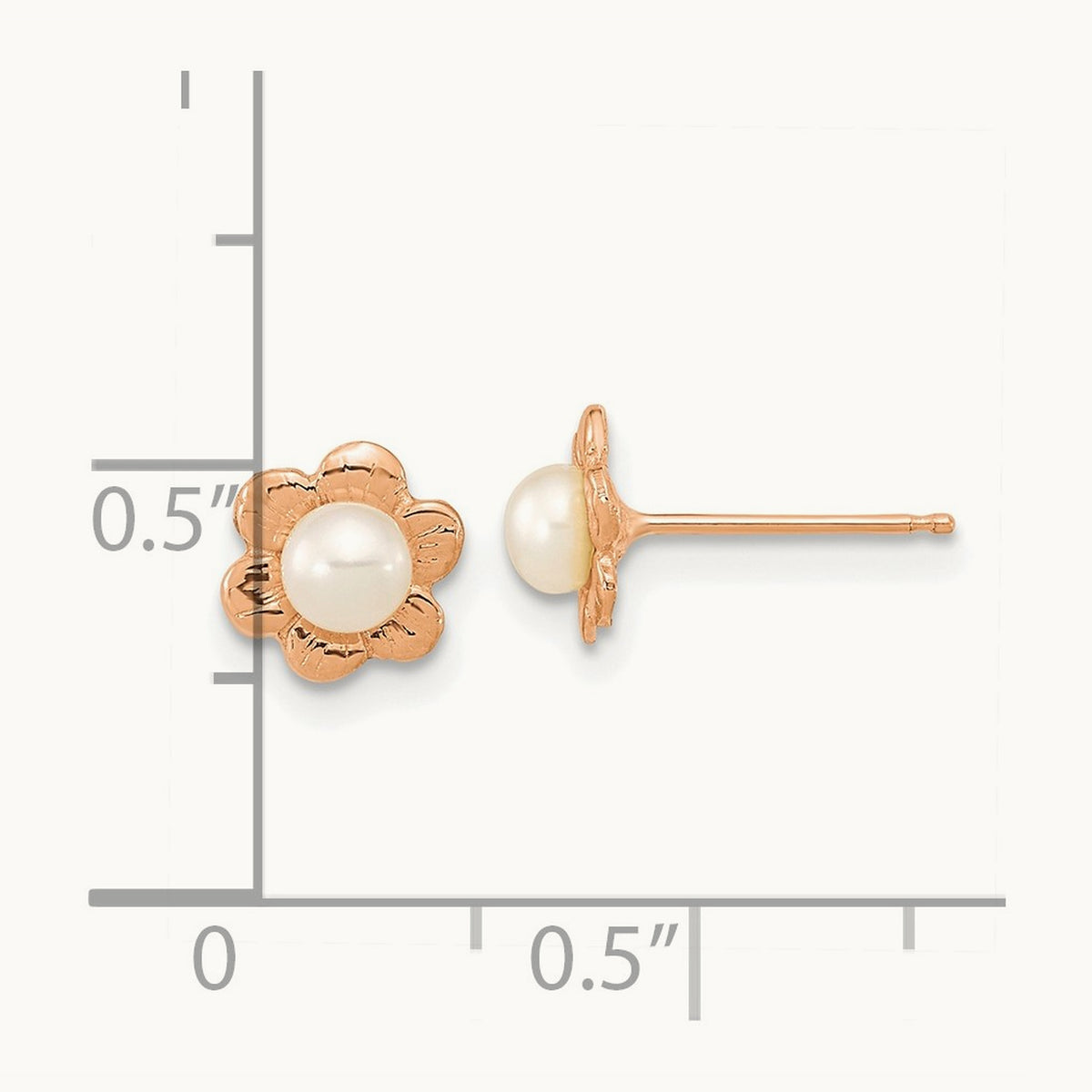 3- Button White FWC Pearl Flower Earrings, 4mm, 14K Rose Gold