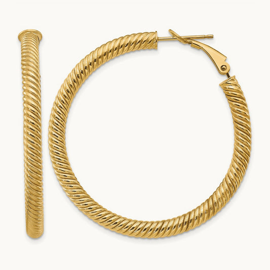 4x44mm Twisted Round Omega Back Hoop Earrings, 14K