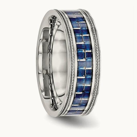 Polished Blue Carbon Fiber Inlay Textured Edge Band, 8mm, Stainless Steel