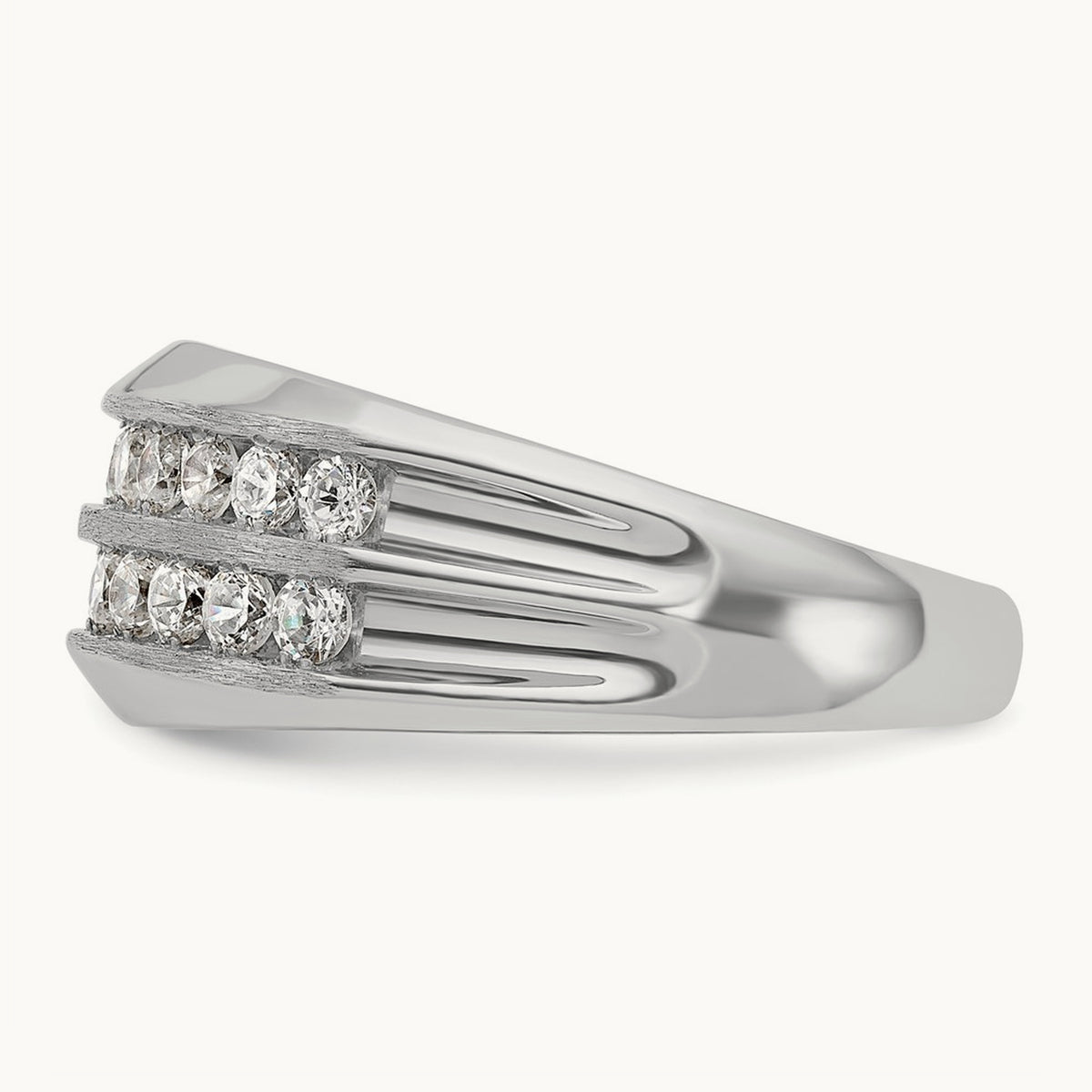 Men's Polished Satin Grooved 2-Row Diamond Ring — 14K White Gold