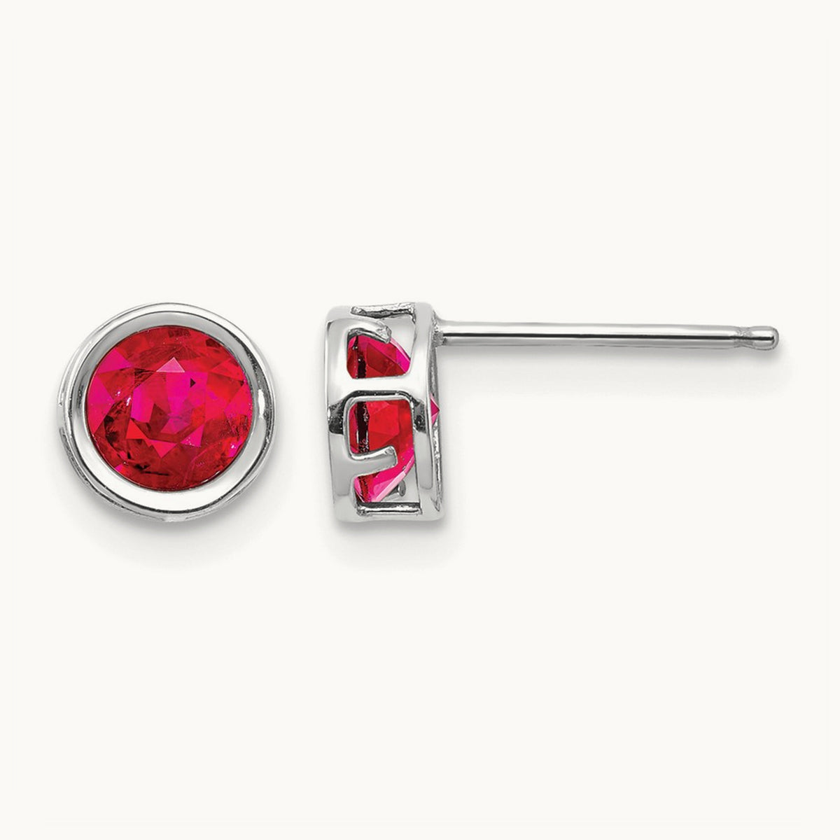 Bezel Ruby Stud Earrings — 14K White Gold