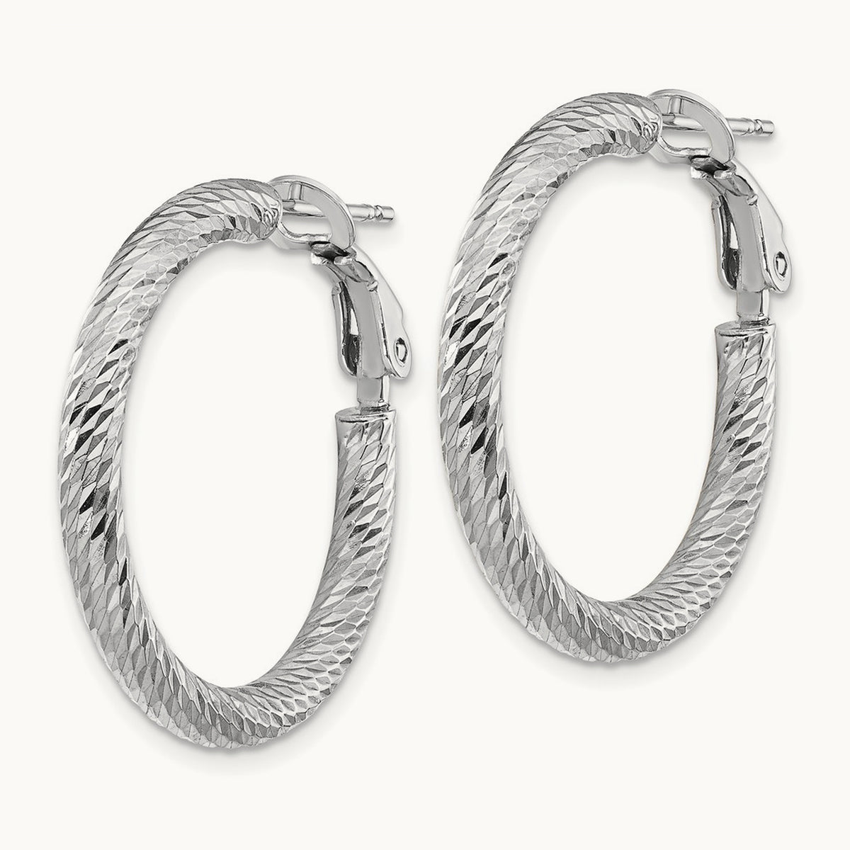 Diamond-cut Round Omega Back Hoop Earrings — 14K White Gold, 3x27mm