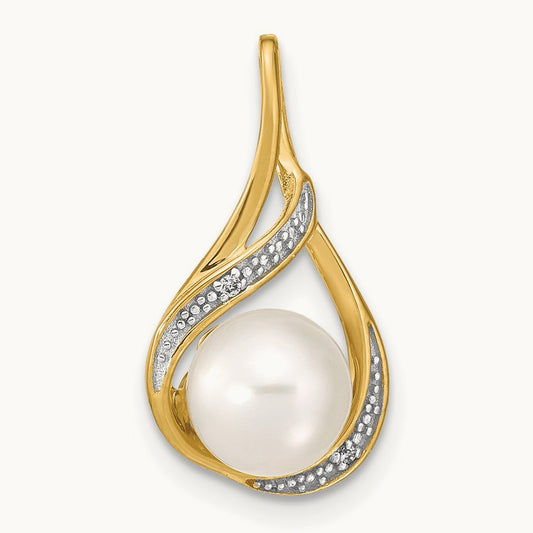 7- White Round FW Cultured Pearl and Diamond Pendant, 8mm, 14K