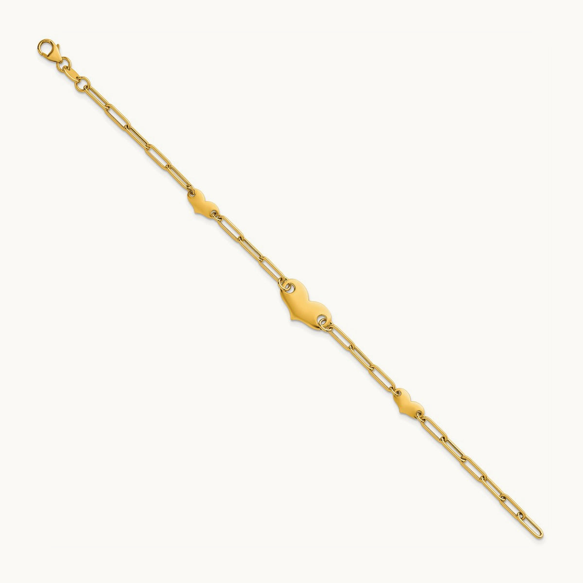 Polished Paperclip Link With Hearts 7.5in Bracelet, 14K