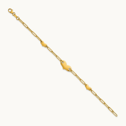 Polished Paperclip Link With Hearts 7.5in Bracelet, 14K
