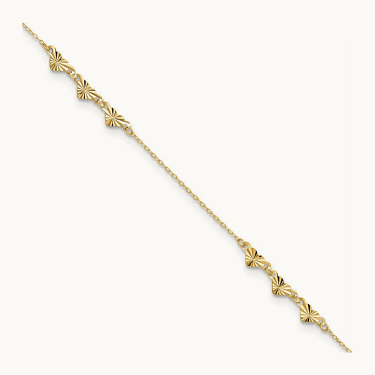 Diamond-cut Hearts 9in Plus 1in ext Anklet, 14K