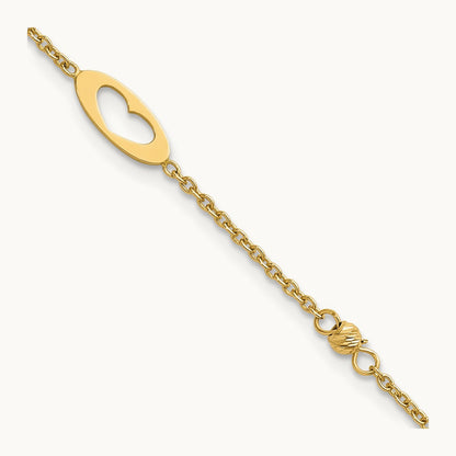 Polished Link Hearts and D/C Beads 7.5in Bracelet, 14K
